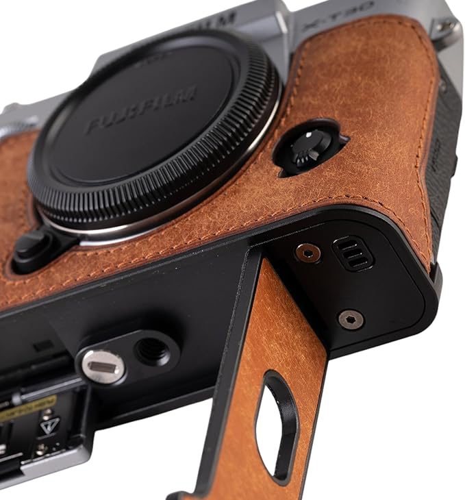 Handmade Genuine Leather Camera Half Case for FUJIFILM X-T30III /FUJIFILM X-T30III Camera Case/FUJIFILM X-T30III Case - Top Layer Cowhide Body + Metal Base Plate (Matte-Yellow-Brown)