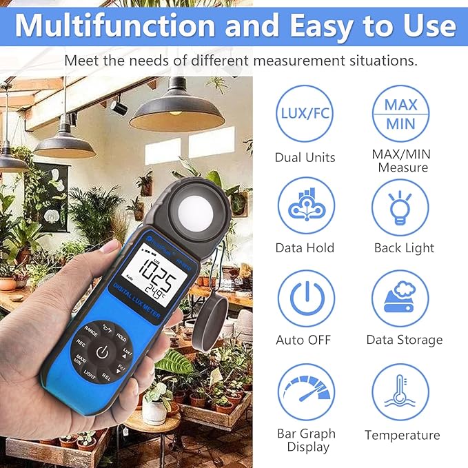 HOLDPEAK 881D Illuminance Light Meter, Digital Lux Foot Candles Meter 0.1~400,000 Lux (0.1~40,000 FC) with 270º Rotatable Detector, Lumen Meter Luxmeter for Plants LED Lights Indoor Outdoor