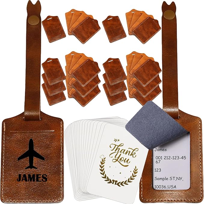 Laser Engraving Brown Luggage Tags Material - 20 Sets Ideal Laserable Engravable Faux PU Leather Gifts - Lasable Leatherette Name ID with Flap Cover for Suitcases Bag Backpack During Trip