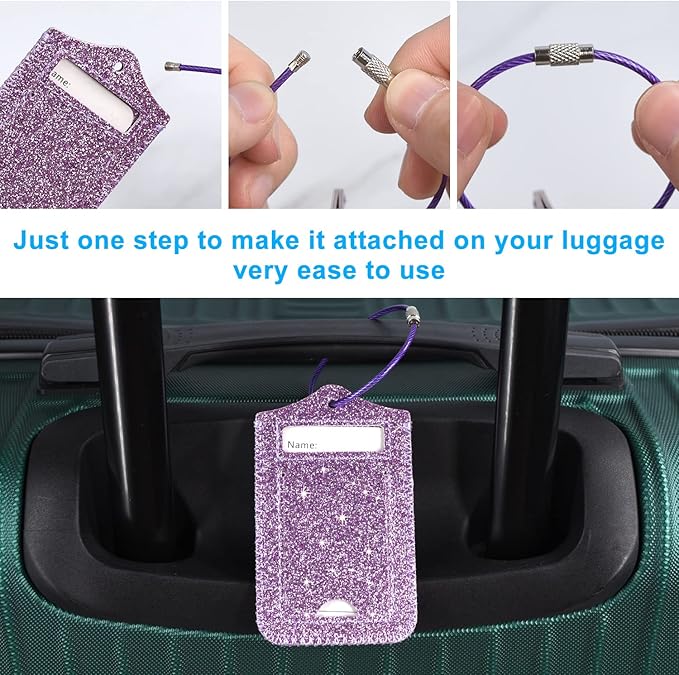 ACdream Luggage Tags 2 Pack, Leather Suitcase Tags Identifiers, Cute Cruise ID Labels with Privacy Cover fits on Backpack, Travel Bag, for Women, Men, Adults, Kids, Glitter Purple