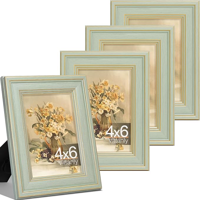Vittanly 4x6 Picture Frame Set of 4, Vintage Photo Frame for Wall or Tabletop, Display 4x6 Pictures, Rustic Farmhouse Home Decor, Light Green