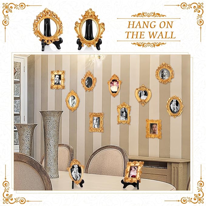 Tatuo 40 Sets Mini Picture Frames and Display Stands Vintage Resin Picture Frame Resin Holder for Home Office Bedroom Living Room Wedding Decor (Gold)