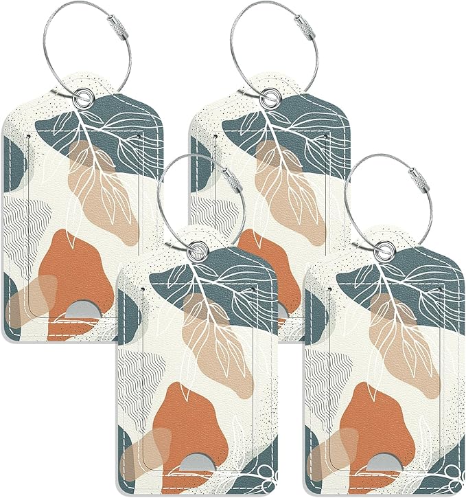 Luggage Tags for Suitcase, 4 Pack PU Leather Travel Cruise Luggage Tag with Privacy Flap, Name ID Label and Metal Loop for Women Men Girls Suitcase Baggage Bag Backpack, Boho Abstract Leaves