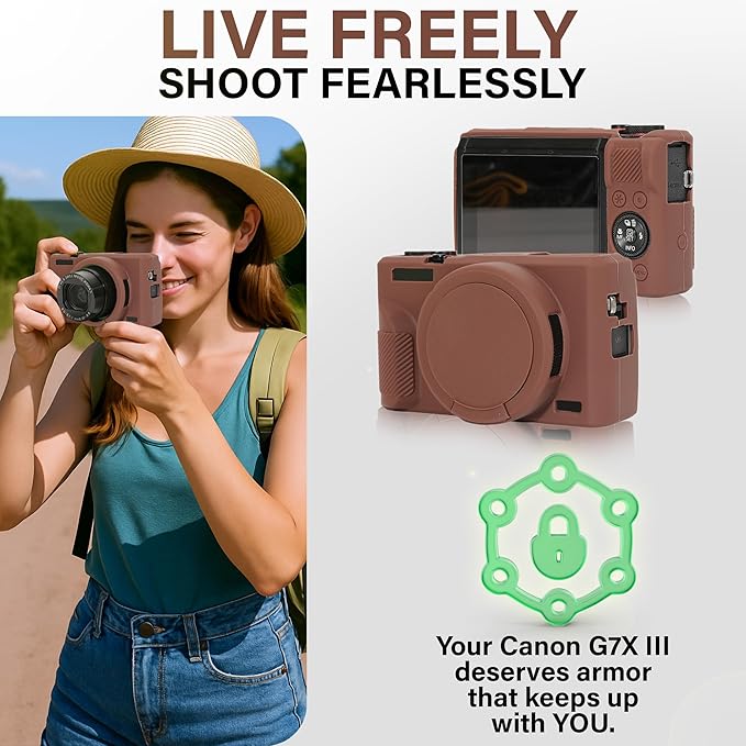 STSEETOP Camera Case for Canon PowerShot G7X Mark III - Protective Silicone DSLR Skin with Lens Cover, Detachable Cage, Shockproof, Dustproof (Brown)