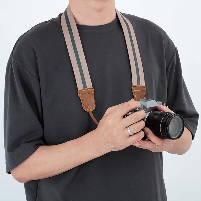 Padwa Lifestyle Stripe Camera Strap - 1.5" Double Layer Crazy Horse Cowhide Ends Camera Straps for Photographers,Universal Adjustable Pure Cotton Woven Neck Shoulder Strap for Cameras and Binoculars