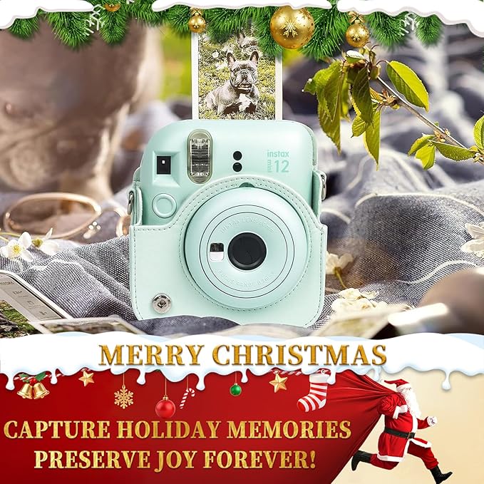 CAIYOULE Camera Case for Fujifilm Instax Mini 12 Instant Film Camera, Retro Leather Protective Camera Crossbody Bag for Fuji Mini 12 with Photo Album, Adjustable Shoulder Strap, Mint Gree-No Camera