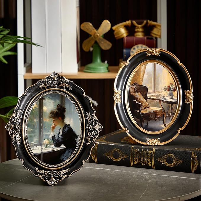 3 Pcs Black Vintage Picture Frame Set Antique Oval Picture Frames 4x6, 5x7 Inch Baroque Photo Ornate Frames with Glass Gift for Tabletop Hanging Wall Art Wedding Home(Vintage Style)