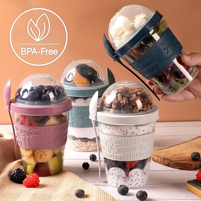 Crystalia 4 Pack 20 oz On The Go Yogurt Parfait Cups with Lids & Spoons, Reusable Yogurt Containers, Take and Go Cup with Topping Cereal or Oatmeal Container, New Colorful Set