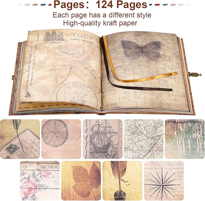 My Adventure Book Scrapbook 124 Pages Retro Style Embossed Photo Album,DIY Handmade Memory Travel Diary Photo Scrapbook for Couples,Anniversary,Wedding,Valentines Day Gifts(Retro Map)