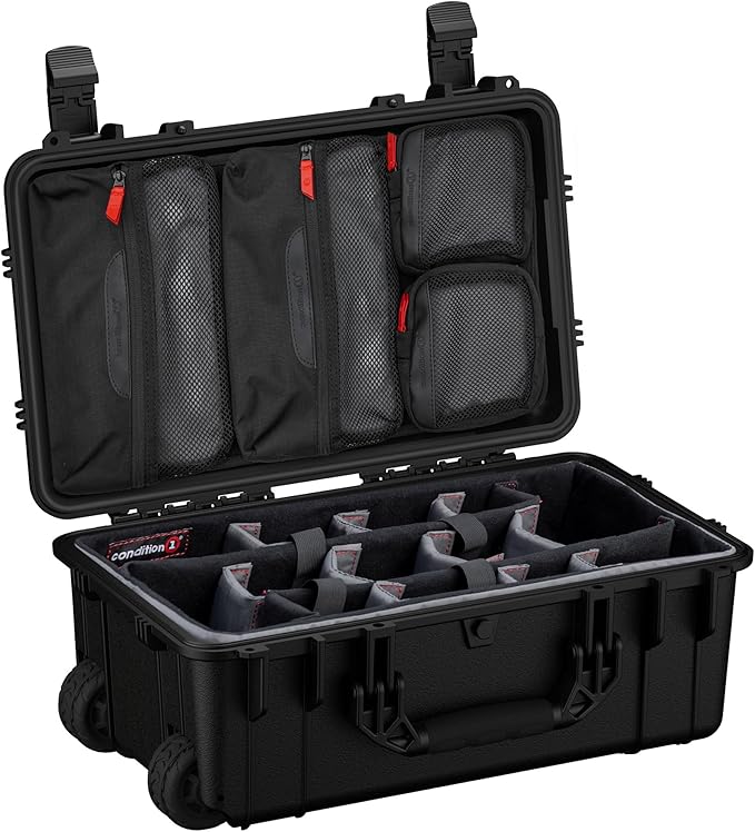 Condition 1 22" Large Rolling Lockable Hard Storage Case w/Padded Divider & Lid Organizer, Model 300, Waterproof Protective Box for Camera & Production Gear, Made in USA, 21.84"x13.82"x9" Black