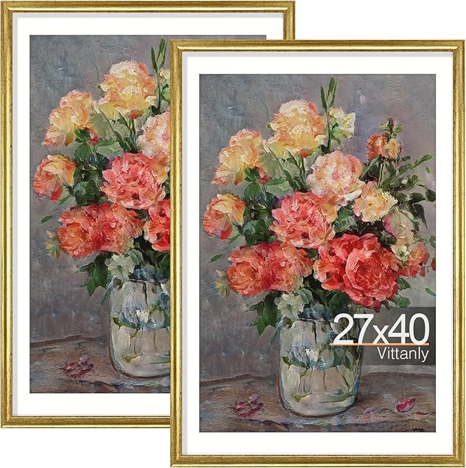 Vittanly 27x40 Picture Frames Set of 2, Ornate Vintage Photo Frame for Wall Mount, Display 24x36 Pictures with Mat or 27x40 without Mat, Rustic Gold
