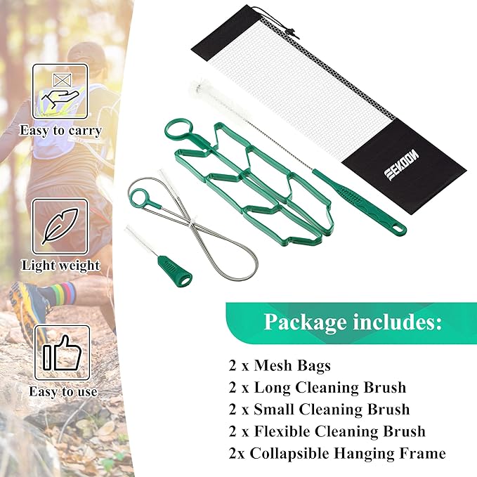 Feekoon Reservoirs Backpack Accessories Hydration Bladder Cleaning Kit with Flexible Long Brush for Hose, Small Bite Valve and Big Brush, Drying Collapsible Bladder Frame, Carrying Pouch
