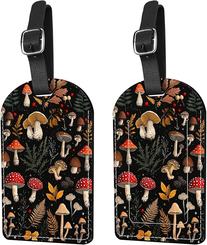 2 Pack Luggage Tag Suitcase Tags PU Leather Identifiers Privacy Cover Luggage Tags Aesthetic Cute Travel Bag Labels for Women Girls Men-Red Mushroom
