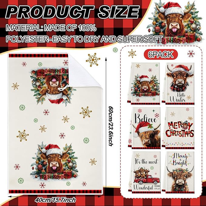 Preboun 6 Pcs Christmas Kitchen Towels Highland Cow Decorative Hand Towels Red Black Plaid Hello Winter Merry Christmas Dish Cloth Farmhouse Tea Cloth Kitchen Accessories Bathroom Decor
