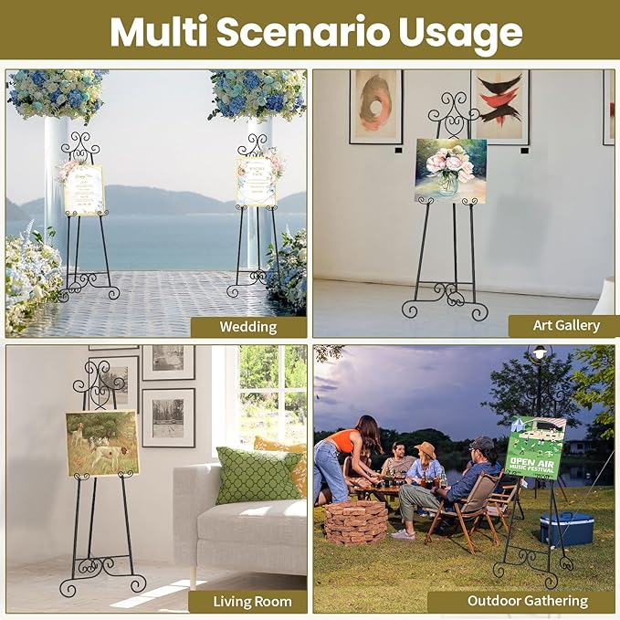 Easel Stand for Sign, Black Vintage Decorative Adjustable Floor Metal Display Easel with Chain Support for Wedding Signs, Art, Posters, Pictures, Welcome Signs, Suitable for Home, Parties, Galleries