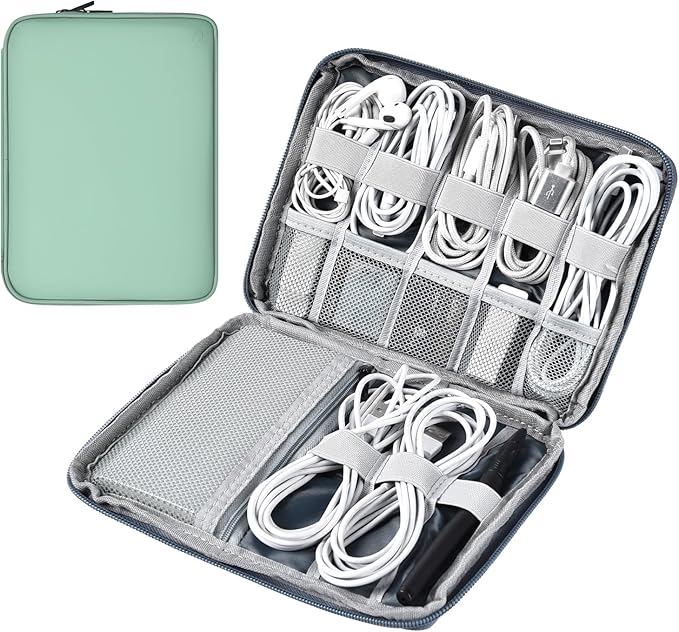 Leather Cord Organizer Travel Waterproof Travel Cable Organizer Bag Portable Tech Organizer Travel Case for Charger Electronic Accessories (Light Green, Single Layer-Large)