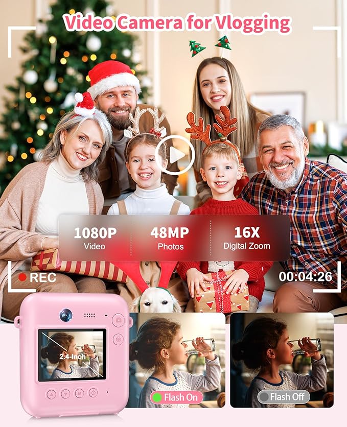 Kids Camera Instant Print, 48MP Dual-Lens Digital Camera for Girls Boys Christmas Birthday Gifts, 1080P Selfie Instant Cameras for Kids Video, Portable Toddler for 4-12 Years Old with 32GB Card-Pink