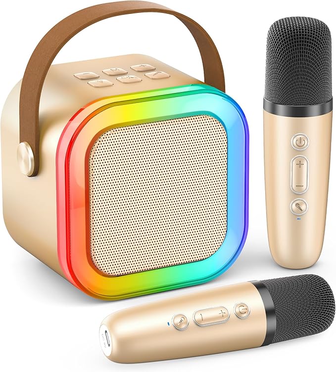 Mini Karaoke Machine for Kids Adults, Portable Bluetooth Speaker with 2 Wireless Karaoke Microphones, 2026 TOP Birthday for Girls Boys 3,4,5,6,7,8+Year Old Toddler Toys Karaoke Player(Gold)
