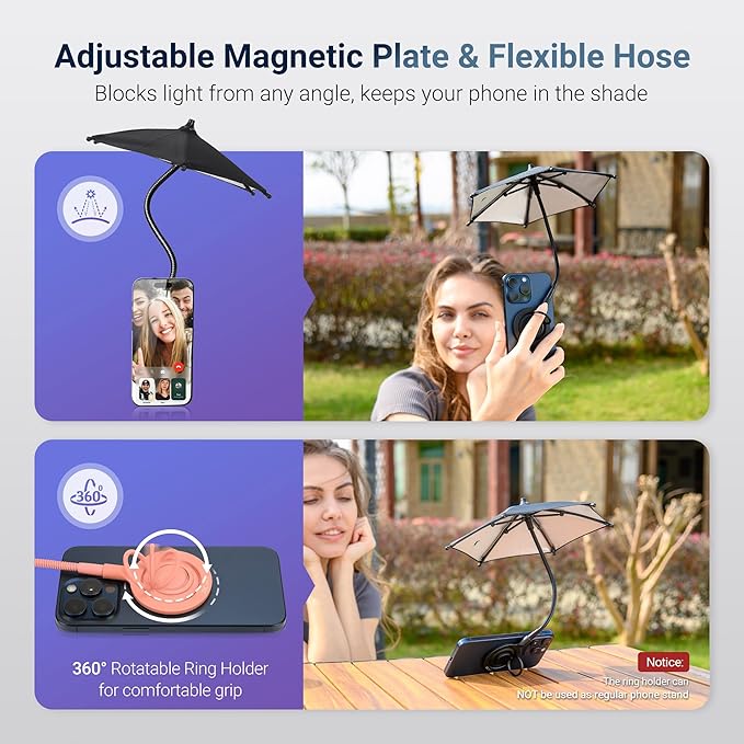 UPF 45+ Magnetic Phone Umbrella,Phone Umbrella for Sun with Black Anti-UV Coating,Upgrade UV Protection Cellphone Sunshade for iPhone 17/Air/16/15/14/Android/iPad/Kindle Outdoor Tanning Anti-Heating - RED