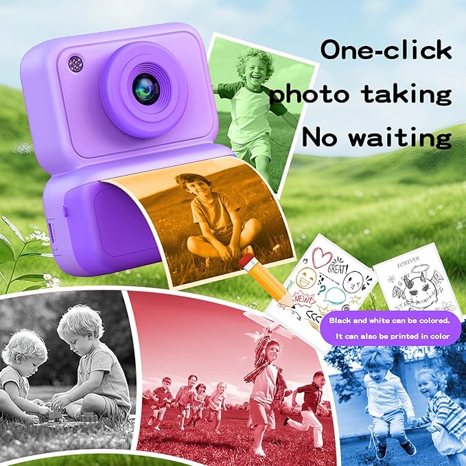 Kids Camera Instant Print, Instant Camera with 4 Roller Photo Paper & 32GB Card, 1080P Dual-Lens Digital Camera for Kids, Boys and Girls Toys Gifts for Teenage Girls Kids Toys for Ages 8-13 (Purple)