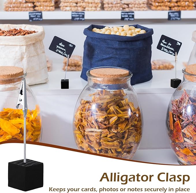 Gersoniel 100 Pcs Cube Base Memo Clip Holder with Alligator Clip Wood Table Number Holder Cube Base Place Card Stand Mini Photo Menu Stand for Displaying Number Card (Black)