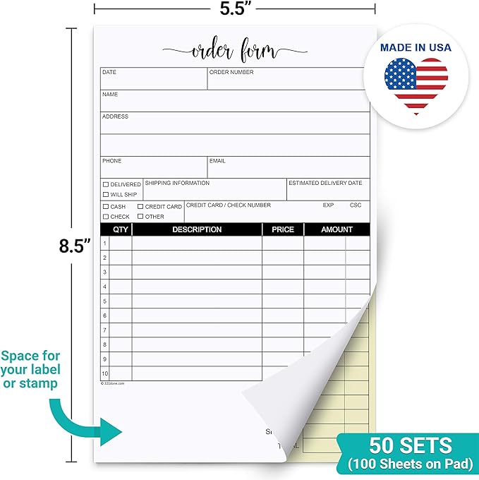 321Done Order Form Pad, 5.5x8.5 Portrait 2-Part Carbonless, Made in USA, Carbon Copy Purchase Sales Receipt Book Cute Small Size for Business Invoice (50 Sets) White/Yellow, Premium Paper