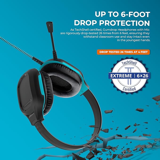 Gumdrop DropTech On-Ear Wired Headphones w/Mic | USB A - Long Tangle Free Chew-Proof Cord - Rugged Reliable Drop Tested and Comfortable for Kids K-12 Students Classroom and School Use