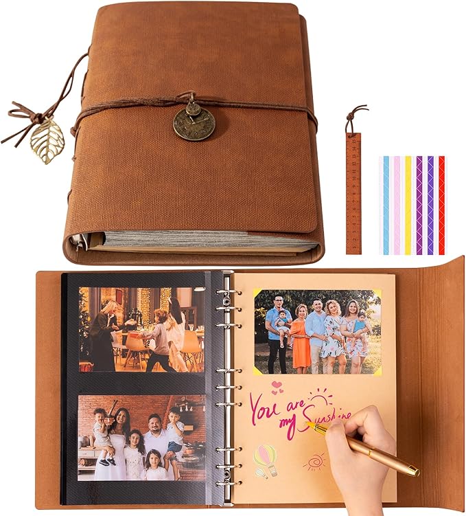 Travel Scrapbook Album Waterproof Large Photo Album with Writing Space 64 Pages Self Adhesive & 40 Journaling Pages DIY Memory Photo Book Photo Scrapbook Album Kit for Wedding Family Vacation