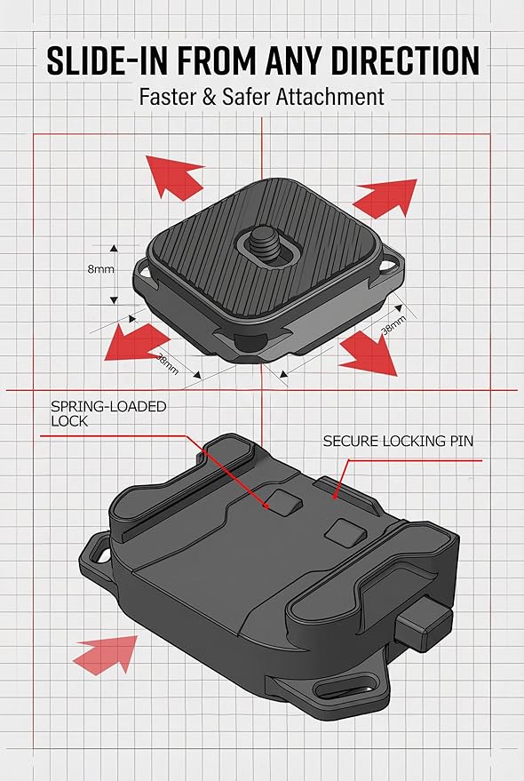 QL-02 Camera Strap Quick Release Kit, 4-Direction Slide-in Plate & Base, Compatible with PD Plate/QL-02 Plate/Arca 38mm, Supports 44 lbs / 20 kg,Compatible with GoPro and DSLR