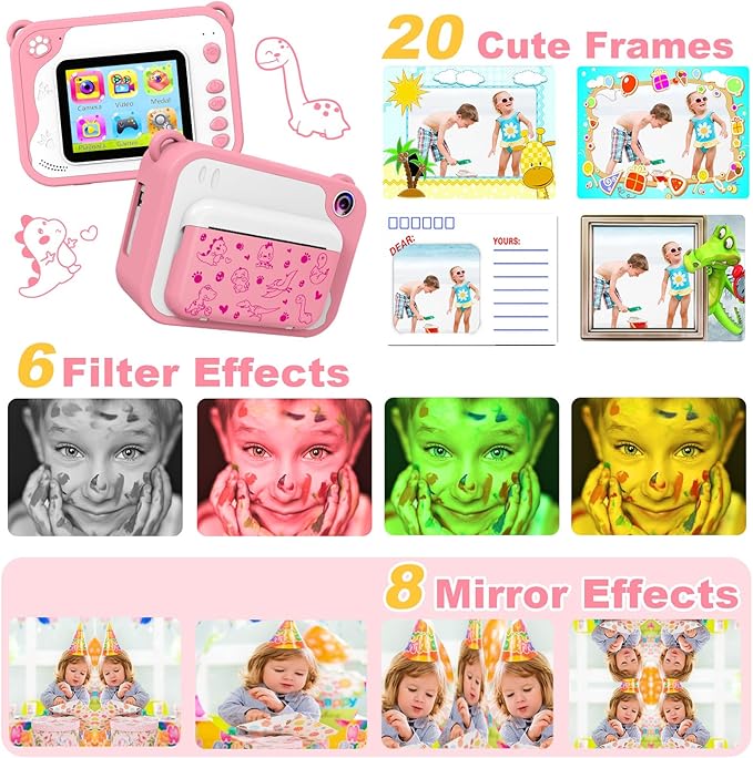 Kids Camera Instant Print, Dinosaur Kids Digital Toddler Camera,1080P with 32G SD Card, Kids Toy Birthday Gifts Portable Toy for 3-12 Year Old Girls Boys (Pink)