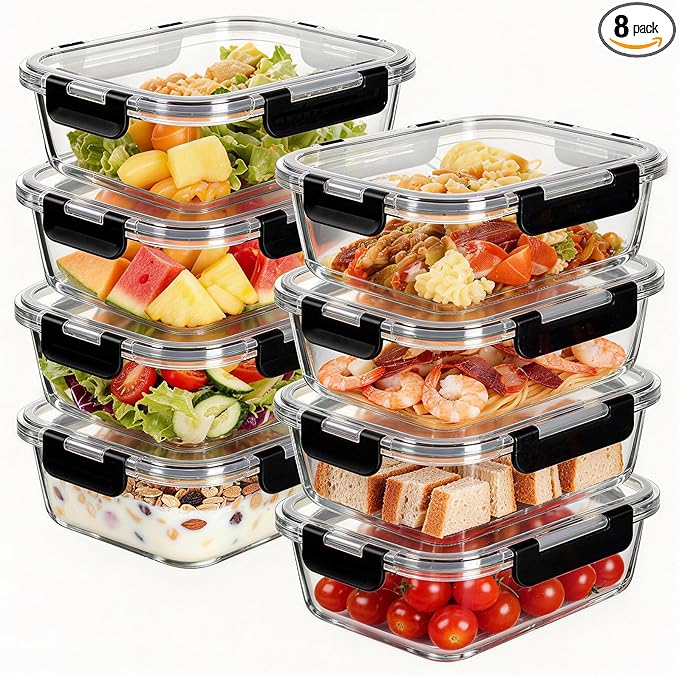 Belgol 8-Piece 36oz Glass Meal Prep Container Set Clear Glass Food Storage Containers Set, Airtight Food Storage Containers for Coffee, Sugar, Flour, Spices, BPA-Free