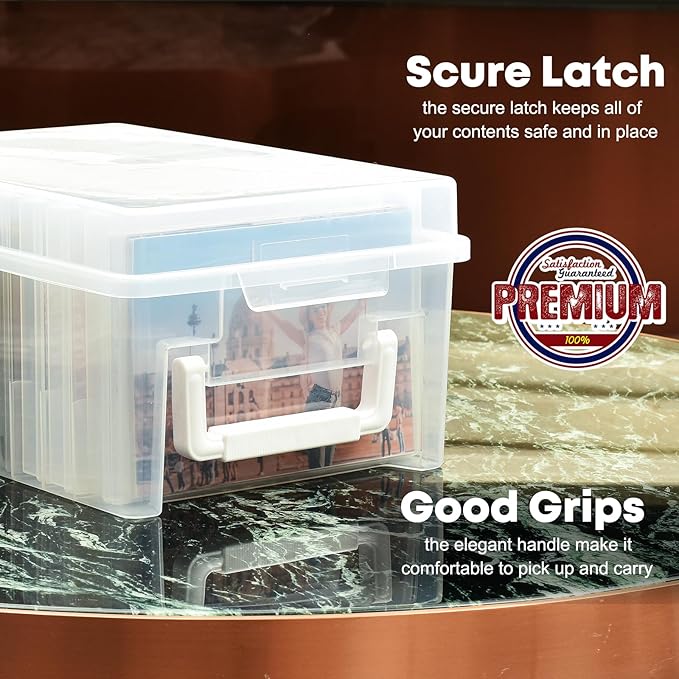ALINK Photo Storage Box 5 x 7 In Photo Case, 10 Inner Large Photo Keeper, Clear Photo Storage Container, Seed Craft Cards Pictures Organizer, Plastic Office Organizer with 1 Label Sticker
