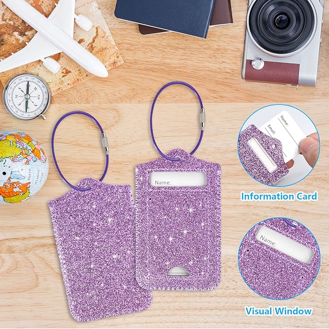 ACdream Luggage Tags 2 Pack, Leather Suitcase Tags Identifiers, Cute Cruise ID Labels with Privacy Cover fits on Backpack, Travel Bag, for Women, Men, Adults, Kids, Glitter Purple