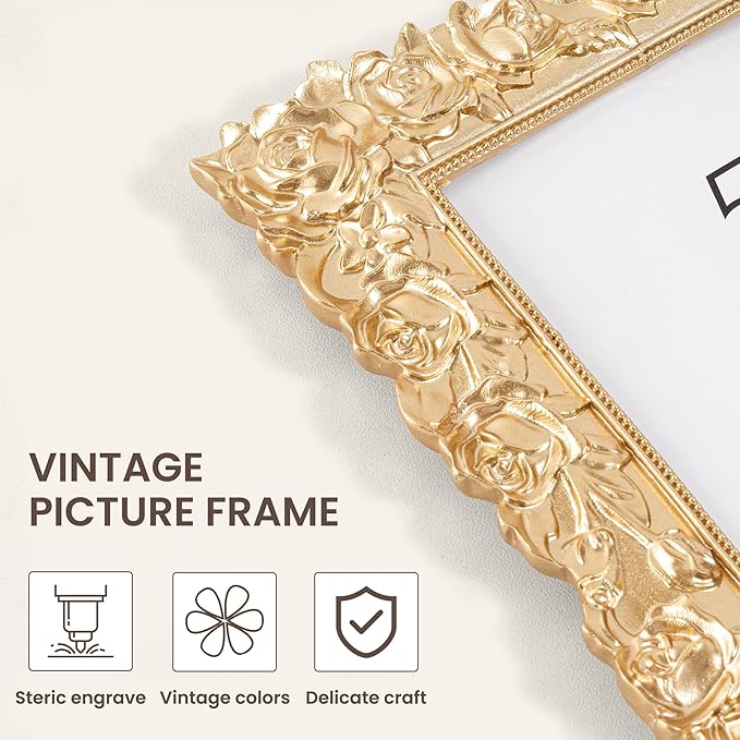Axeman Gold Vintage Frames 5x7 | Antique 5 x 7 Picture Frame with Real Glass | Ornate Rose 5x7 Frame for Wall & Tabletop Display | Gold 5 by 7 Frames