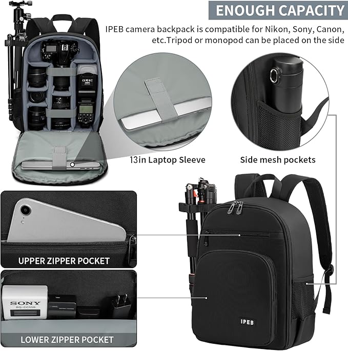 IPEB Camera Backpack for DSLR/SLR/Mirrorless Bag Professional Waterproof Camera Case 11"X5.9"X15" for Photographers Grey