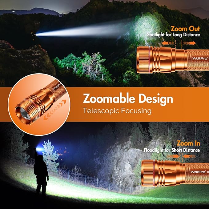 WdtPro Rechargeable Flashlights High Lumens, 2 Pack 10H Long Lasting Super Bright EDC Flashlight, LED Mini Tactical Flash Lights for Camping Emergency, Drop & Water Resistant Orange(Battery Included)