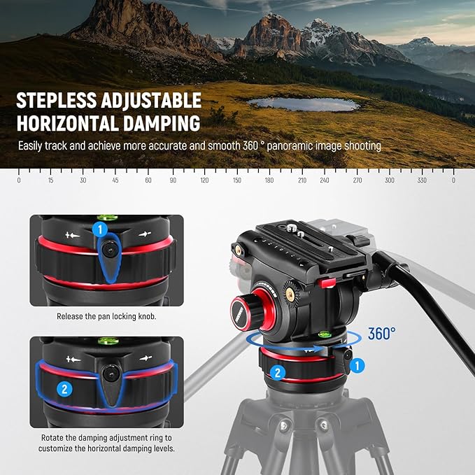 NEEWER Heavy Duty Video Tripod Fluid Head with Stepless Adjustable Pan/Tilt Damping, Quick Release Plate, Compatible with DJI RS Gimbals, Adjustable Handle, ⌀75mm Base, Max Load 22lb, GM006