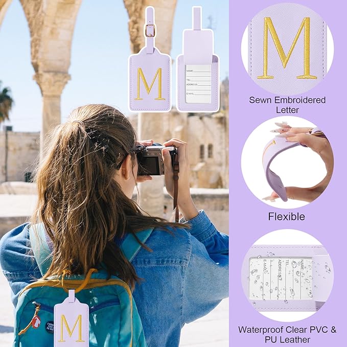 Personalized Initial Luggage Tags for Suitcases, Cute PU Leather Embroidered Letter Travel Luggage Tags, Suitcase Identifier Name Baggage Tag, Bag Tags for Men Women Kids Luggage Handbags(Purple M)