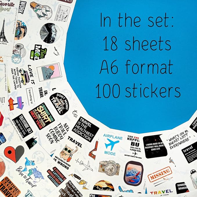 BulbaCraft 100Pcs Funny Travel Stickers, Scrapbook Stickers Travel, Travelers Notebook Accessories, Funny Travel Laptop Decals, Gifts for Women & Men