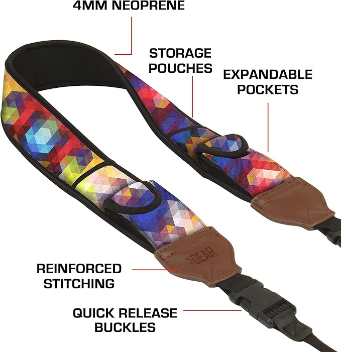 USA Gear TrueSHOT Camera Strap Neoprene Camera Straps - Padded Neck Strap, Pockets, and Quick Release Buckles - Compatible with Canon, Nikon, Sony and More DSLR and Mirrorless Cameras (Geometric)