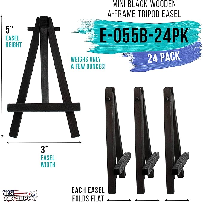 U.S. Art Supply 5" Mini Easel (24 Pack) - Black Wooden A-Frame Tabletop Display Stand, Mini Easel Stand - Small Easels for Display, Small Canvases, Crafts, Business Cards, Signs, Photos, Gifts