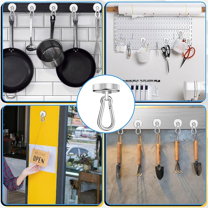 VSKIZ Magnetic Hooks, 70Lbs Heavy Duty Magnetic Hooks with Swivel Carabiner for Cruise Cabins, 6 Pack Extral Strong Neodymium Magnet Hooks for Hanging, Metal Magnetic Hanger for Toolbox, Grill, Fridge
