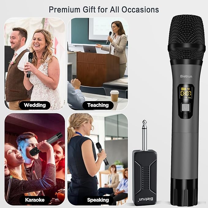 Bietrun Wireless Microphone Only for Mic Input, UHF Metal Dynamic Handheld Multipurpose Mic with Rechargeable Receiver (Work 4hs), 160ft Range, for Karaoke Machine, Amplifier Speaker, Mixer, Church