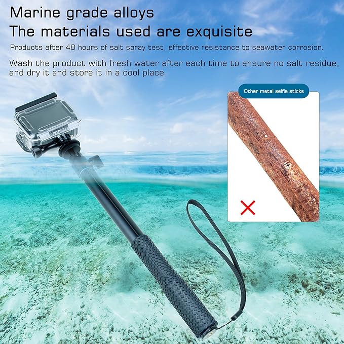 GEPULY 360° Underwater Selfie Stick with Tripod Stand for GoPro - Waterproof Stick Pole for Insta360 Hero 13 12 11 AKASO DJI OSMO Vlog Diving Handler Extended Monopod w Phone Holder&Hand Strap
