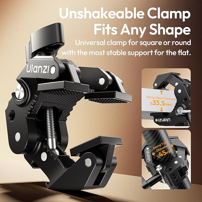 ULANZI CO78 Super Clamp Mount f Camera Rig – Multi-Point Metal Grip w 1/4" & ARRI Locating Pins + Cold Shoe Mount f Action Cam, Monitor & LED Lights, 3-Jaw Designed f Banister,Handlebar, Desk,Branches