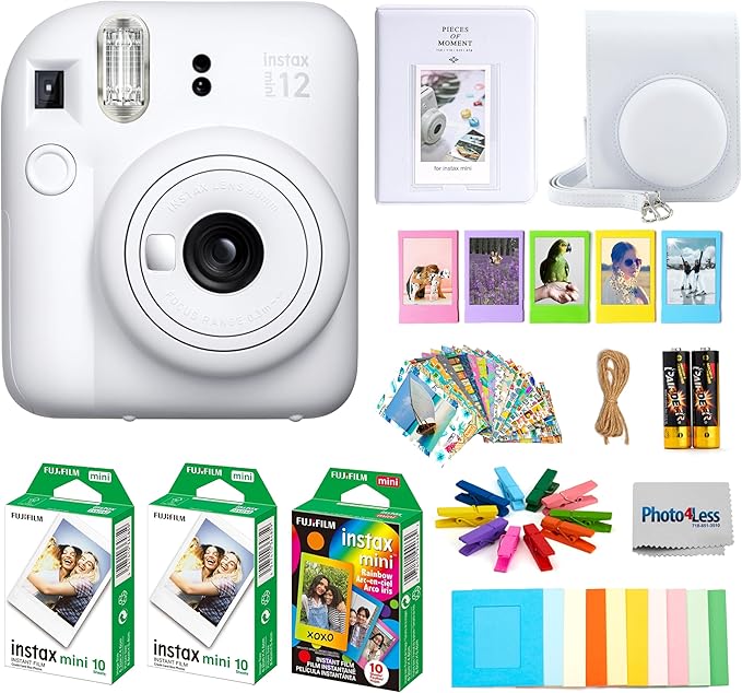 Fujifilm Instax Mini 12 Instant Film Camera, Fuji Instax Mini Film (20 Sheets), Fuji Rainbow Instant Film (10 Sheets), Protective Case, Album, Insax Mini Accessory Bundle (Clay White)