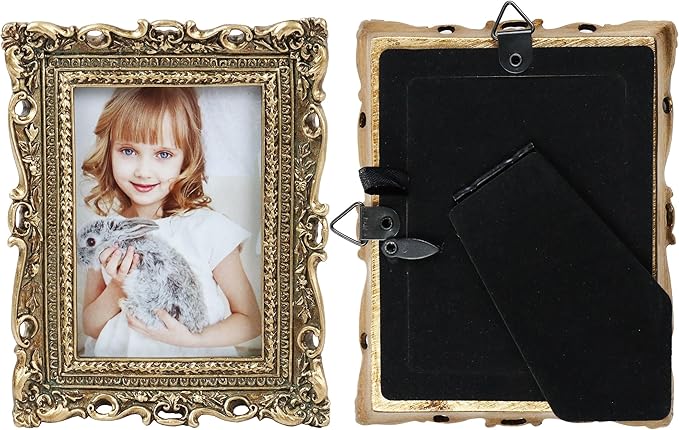 Hymmah 2.5 * 3.5Inch Mini Wallet Picture Frame Vintage Photo Frame Ornate Textured Hand-Crafted Resin Frame with Easel&Hook for Tabletop&Wall Display,Photo Gallery,Art