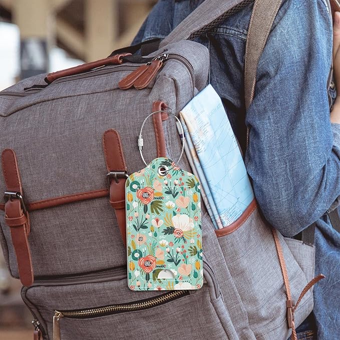 Luggage Tags for Suitcase, 2 Pack PU Leather Travel Cruise Luggage Tag with Privacy Flap, Name ID Label and Metal Loop for Women Men Suitcase Baggage Bag Backpack Instrument, Green Flowers