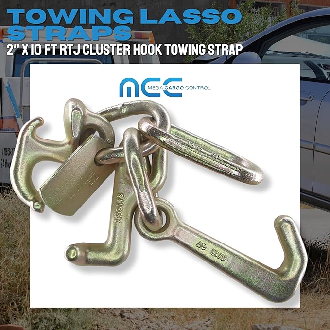 Mega Cargo Control 2" x 10' Tie Down Recovery Cluster Strap - Heavy Duty Towing Straps with RTJ Hooks for Tow Trucks, Flatbeds, Trailers (Yellow, 4 Pack)