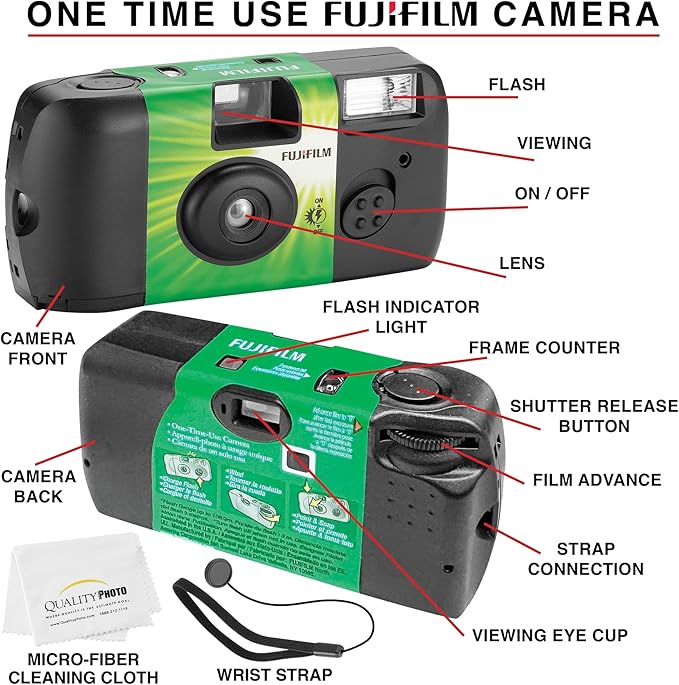 Fujifilm QuickSnap Flash 400 Disposable 35mm Camera + Hand Strap + Quality Photo Microfiber Cloth (3 Pack)